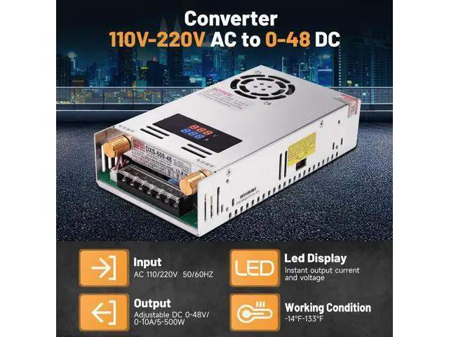 Alt view image 2 of 5 - Adjustable DC Power Voltage Converter with Digital Display AC 110V-220V to DC 0-48V 0-10A Module Switching Power Supply 480W Voltage Regulator Transformer Built in Cooling Fan