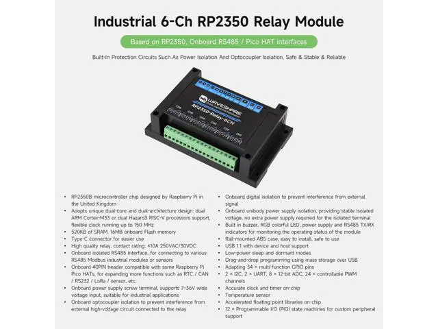 Alt view image 3 of 5 - Waveshare Industrial 6-Channel RP2350 Relay Module, Onboard RS485 / Pico HAT interfaces, with Multiple Isolation Protection Circuits, Industrial-Grade, Rail-Mount Case