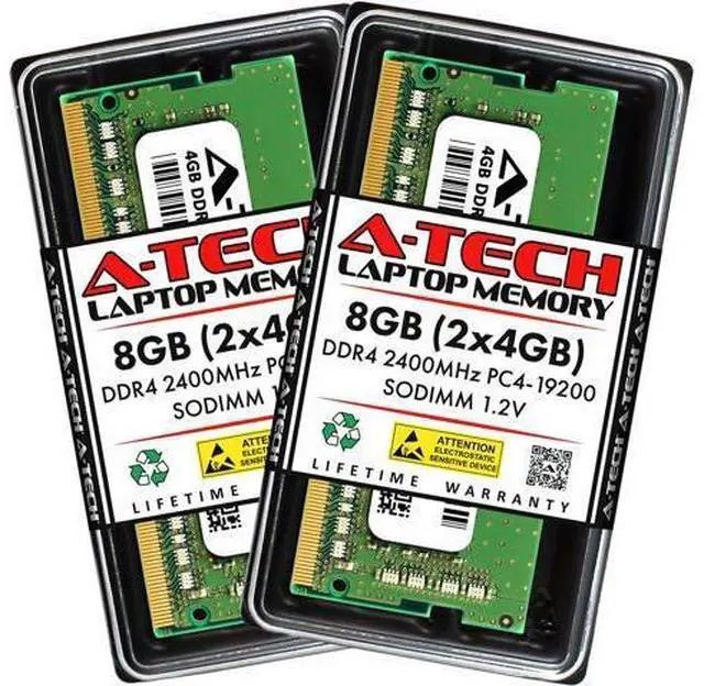 Main image of A-Tech 8GB (2x4GB) DDR4 2400 MHz SODIMM PC4-19200 (PC4-2400T) CL17 Non-ECC Laptop RAM Memory Modules