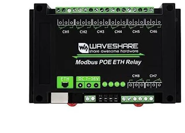 Main image of Waveshare 8-Ch Ethernet Relay Module, Modbus RTU/Modbus TCP Protocol, PoE Port Communication, with Various Isolation and Protection Circuits, Industrial Grade Rail-Mount Case