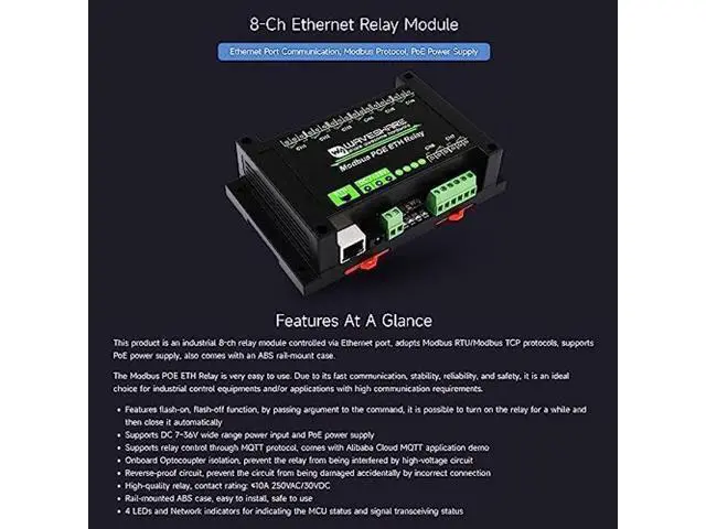 Alt view image 2 of 5 - Waveshare 8-Ch Ethernet Relay Module, Modbus RTU/Modbus TCP Protocol, PoE Port Communication, with Various Isolation and Protection Circuits, Industrial Grade Rail-Mount Case