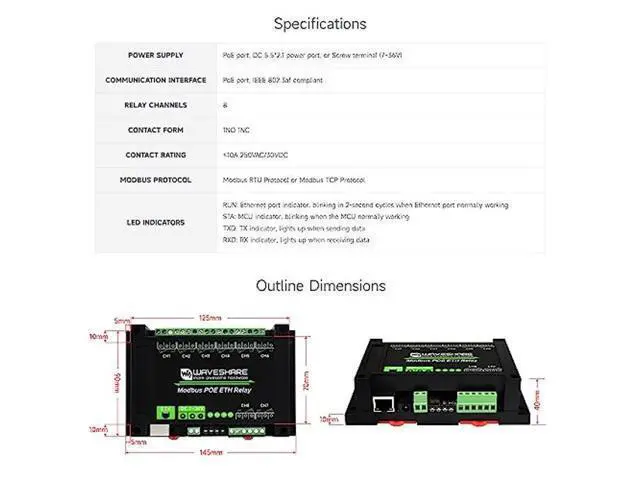 Alt view image 3 of 5 - Waveshare 8-Ch Ethernet Relay Module, Modbus RTU/Modbus TCP Protocol, PoE Port Communication, with Various Isolation and Protection Circuits, Industrial Grade Rail-Mount Case