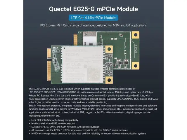 Alt view image 3 of 5 - Waveshare Quectel EG25-G mPCIe Module, LTE Cat 4 Module with PCI Express Mini Card Form Factor, Supports Multiple Wireless Communication Modes, Integrates Multiple Industrial Standard Interfaces