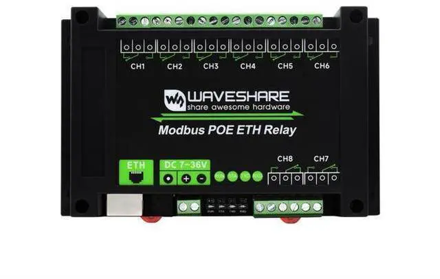 Main image of Waveshare 8-Ch Ethernet Relay Module, Modbus RTU/Modbus TCP Protocol, PoE Port Communication, with Various Isolation and Protection Circuits, Industrial Grade Rail-Mount Case