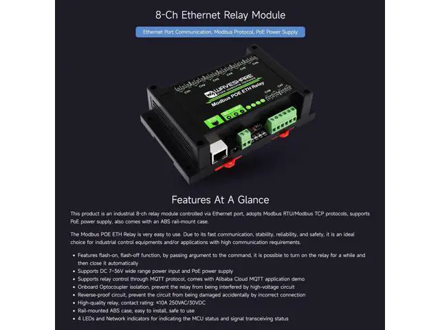 Alt view image 2 of 5 - Waveshare 8-Ch Ethernet Relay Module, Modbus RTU/Modbus TCP Protocol, PoE Port Communication, with Various Isolation and Protection Circuits, Industrial Grade Rail-Mount Case