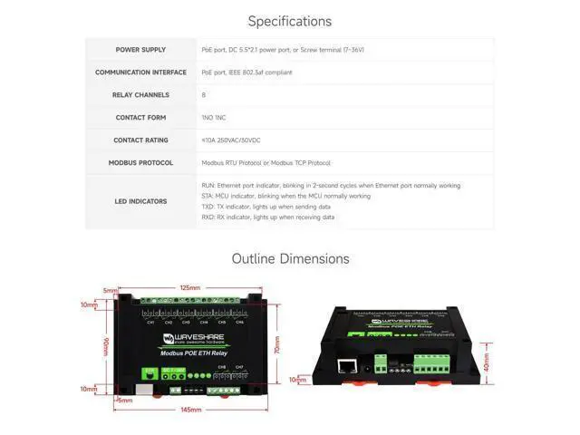 Alt view image 3 of 5 - Waveshare 8-Ch Ethernet Relay Module, Modbus RTU/Modbus TCP Protocol, PoE Port Communication, with Various Isolation and Protection Circuits, Industrial Grade Rail-Mount Case