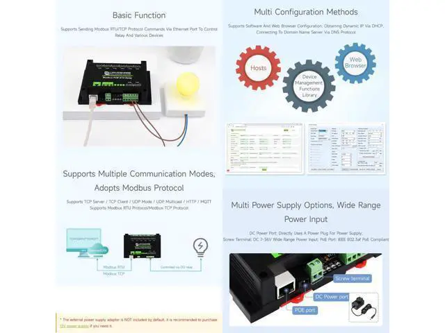 Alt view image 4 of 5 - Waveshare 8-Ch Ethernet Relay Module, Modbus RTU/Modbus TCP Protocol, PoE Port Communication, with Various Isolation and Protection Circuits, Industrial Grade Rail-Mount Case