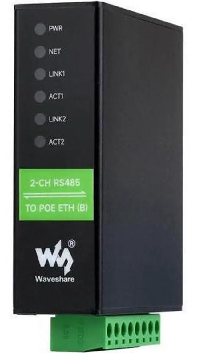 Main image of Waveshare 2-Ch RS485 to RJ45 Ethernet Serial Server, Dual Channels RS485 Independent Operation, Rail-Mount Industrial Isolated Serial Module, PoE Ethernet Port