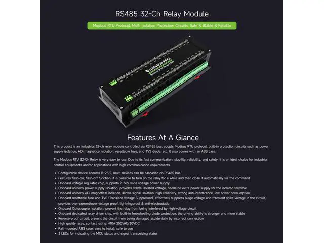 Alt view image 3 of 5 - Waveshare Modbus RTU 32-Ch Relay Module, RS485 Interface, with Multiple Isolation Protection Circuits, Industrial-Grade, Rail-Mount Case
