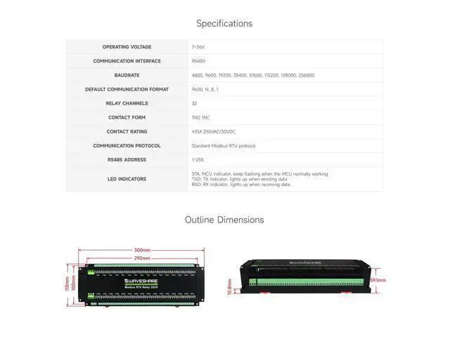 Alt view image 4 of 5 - Waveshare Modbus RTU 32-Ch Relay Module, RS485 Interface, with Multiple Isolation Protection Circuits, Industrial-Grade, Rail-Mount Case
