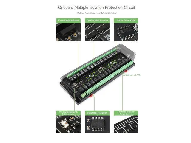 Alt view image 5 of 5 - Waveshare Modbus RTU 32-Ch Relay Module, RS485 Interface, with Multiple Isolation Protection Circuits, Industrial-Grade, Rail-Mount Case