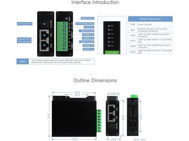 Alt view image 7 of 7 - Waveshare 2-Ch RS485 to RJ45 Ethernet Serial Server, Dual Channels RS485 Independent Operation, Rail-Mount Industrial Isolated Serial Module, PoE Ethernet Port