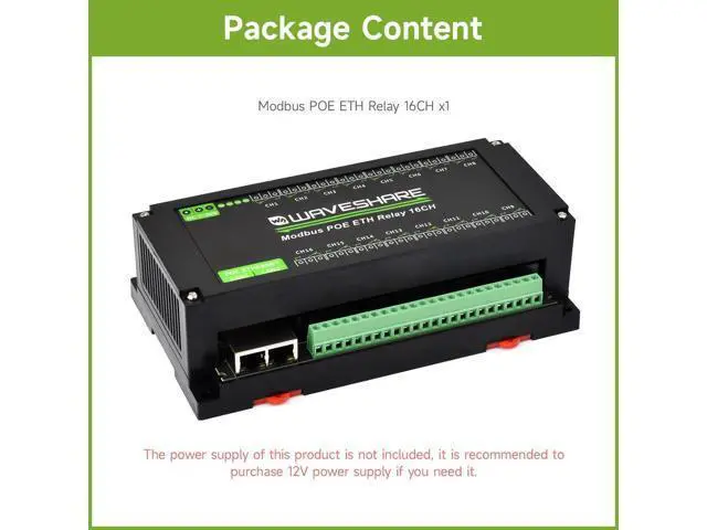Alt view image 2 of 5 - Waveshare 16-Ch Ethernet Module, Modbus RTU/TCP, Ethernet Communication, Support PoE, Various Isolation & Protection Circuits, Industrial Rail-Mount