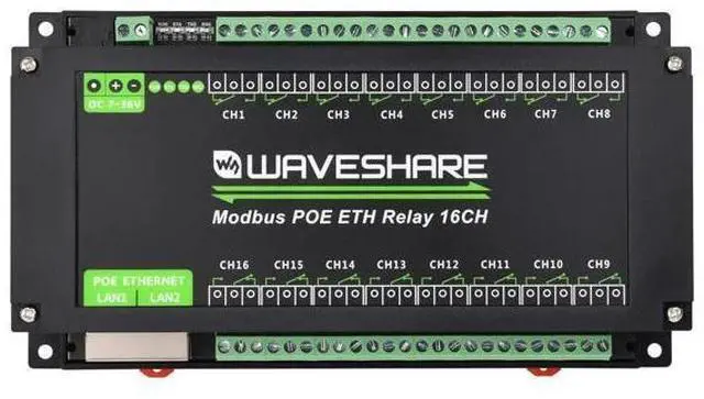 Main image of Waveshare 16-Ch Ethernet Module, Modbus RTU/TCP, Ethernet Communication, Support PoE, Various Isolation & Protection Circuits, Industrial Rail-Mount