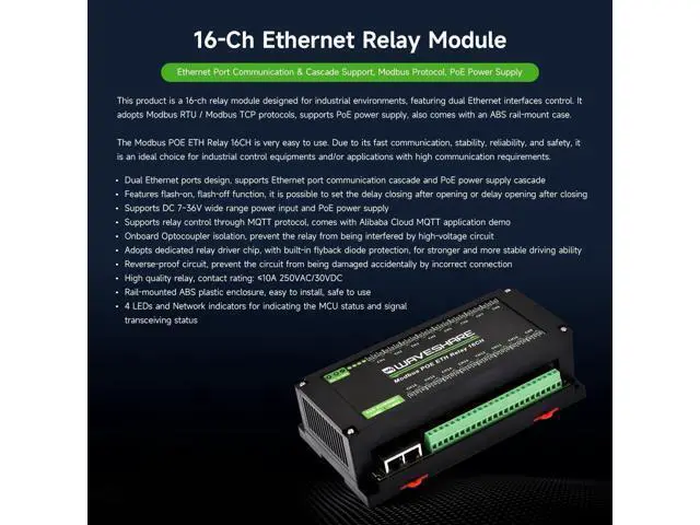 Alt view image 3 of 5 - Waveshare 16-Ch Ethernet Module, Modbus RTU/TCP, Ethernet Communication, Support PoE, Various Isolation & Protection Circuits, Industrial Rail-Mount