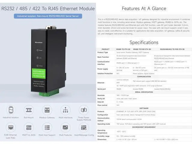 Alt view image 2 of 5 - Waveshare RS232/485/422 to RJ45 Ethernet Module, TCP/IP to Serial, with POE Function, Bi-Directional Transparent Transmission, Suitable for Data Acquisition, Intelligent Instrument Monitoring, etc
