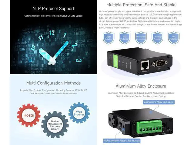 Alt view image 5 of 5 - Waveshare RS232/485/422 to RJ45 Ethernet Module, TCP/IP to Serial, with POE Function, Bi-Directional Transparent Transmission, Suitable for Data Acquisition, Intelligent Instrument Monitoring, etc