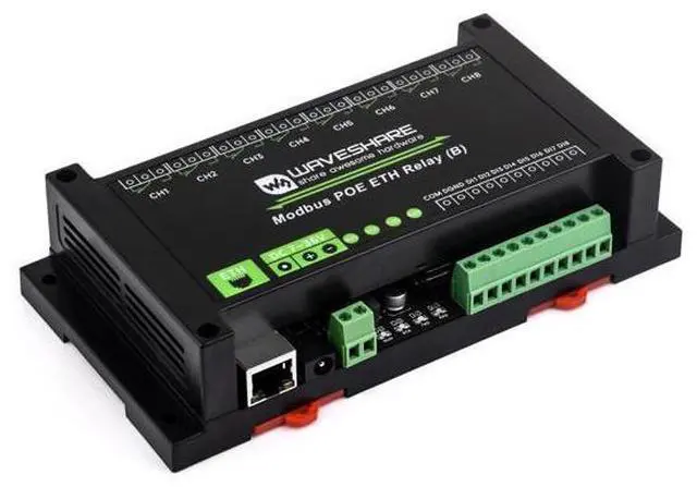 Main image of Waveshare 8-Ch Ethernet Relay Module (B) with Digital Input, Modbus RTU/Modbus TCP Protocol, PoE Port Communication, with Various Isolation and Protection Circuits, Industrial Grade Rail-Mount Case