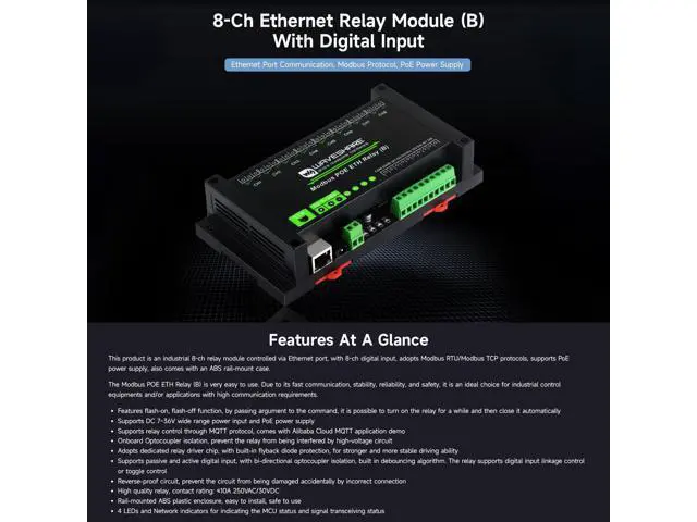 Alt view image 3 of 5 - Waveshare 8-Ch Ethernet Relay Module (B) with Digital Input, Modbus RTU/Modbus TCP Protocol, PoE Port Communication, with Various Isolation and Protection Circuits, Industrial Grade Rail-Mount Case