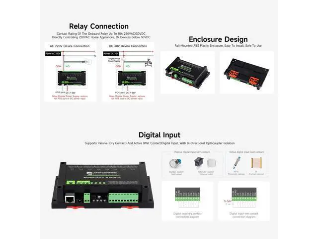Alt view image 5 of 5 - Waveshare 8-Ch Ethernet Relay Module (B) with Digital Input, Modbus RTU/Modbus TCP Protocol, PoE Port Communication, with Various Isolation and Protection Circuits, Industrial Grade Rail-Mount Case
