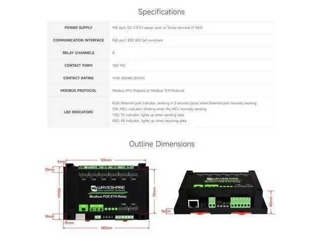 Alt view image 3 of 5 - Waveshare 8-Ch Ethernet Relay Module, Modbus RTU/Modbus TCP Protocol, PoE Port Communication, with Various Isolation and Protection Circuits, Industrial Grade Rail-Mount Case