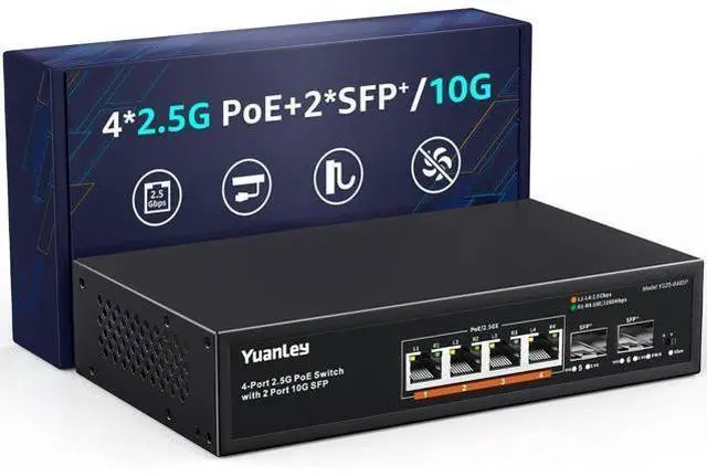 Main image of YuanLey 6 Port 2.5G PoE Switch Unmanaged, 4 x 2.5G Base-T PoE Ports, 2 x 10G SFP, IEEE802.3af/at, 78W, Compatible with 100/1000/2500Mbps, Metal Fanless, VLAN, Desktop/Wall Mount 2.5Gbe Network Switch