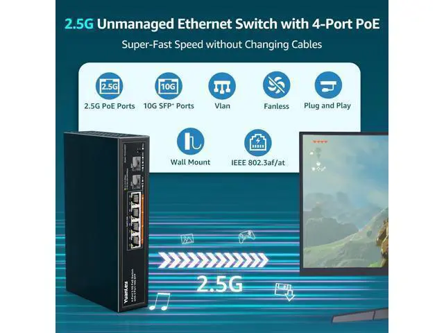 Alt view image 2 of 7 - YuanLey 6 Port 2.5G PoE Switch Unmanaged, 4 x 2.5G Base-T PoE Ports, 2 x 10G SFP, IEEE802.3af/at, 78W, Compatible with 100/1000/2500Mbps, Metal Fanless, VLAN, Desktop/Wall Mount 2.5Gbe Network Switch