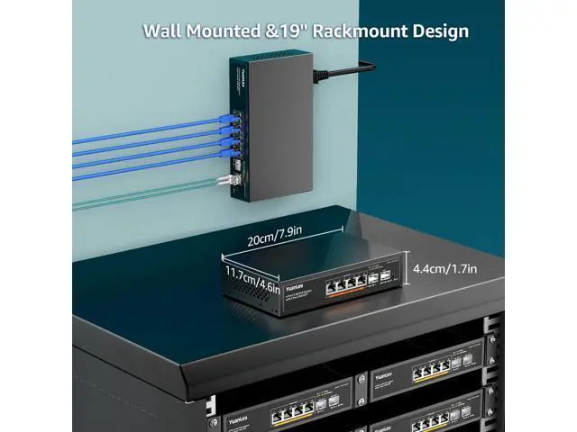 Alt view image 5 of 7 - YuanLey 6 Port 2.5G PoE Switch Unmanaged, 4 x 2.5G Base-T PoE Ports, 2 x 10G SFP, IEEE802.3af/at, 78W, Compatible with 100/1000/2500Mbps, Metal Fanless, VLAN, Desktop/Wall Mount 2.5Gbe Network Switch
