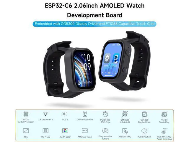 Alt view image 2 of 5 - ESP32-C6 2.06inch AMOLED Touch Watch Development Board, 410502 Pixels, RISC-V 32-bit Processor, Supports WiFi 6 / Bluetooth 5 / Zigbee, ESP32 with Display, Supports AI Speech Interaction