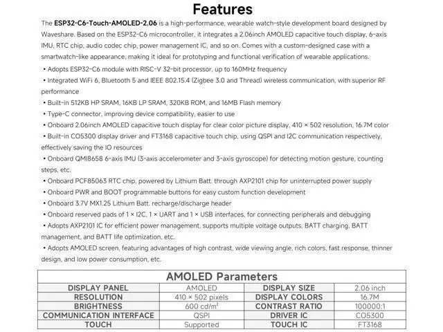 Alt view image 5 of 5 - ESP32-C6 2.06inch AMOLED Touch Watch Development Board, 410502 Pixels, RISC-V 32-bit Processor, Supports WiFi 6 / Bluetooth 5 / Zigbee, ESP32 with Display, Supports AI Speech Interaction
