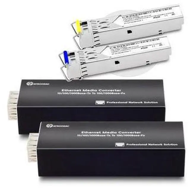 Main image of Atroodac A Pair of Mini Fiber to Ethernet Converter with 2 Pcs 1.25G BIDI LC Single Port Transceiver Module up to 20KM 10/100/1000Base-Tx RJ45 to 100/1000BASE-SX SFP Slot Media Converter