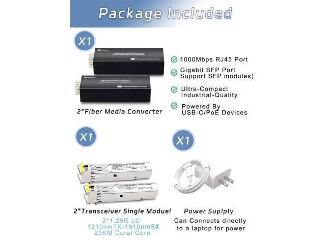 Alt view image 2 of 5 - Atroodac A Pair of Mini Fiber to Ethernet Converter with 2 Pcs 1.25G BIDI LC Single Port Transceiver Module up to 20KM 10/100/1000Base-Tx RJ45 to 100/1000BASE-SX SFP Slot Media Converter