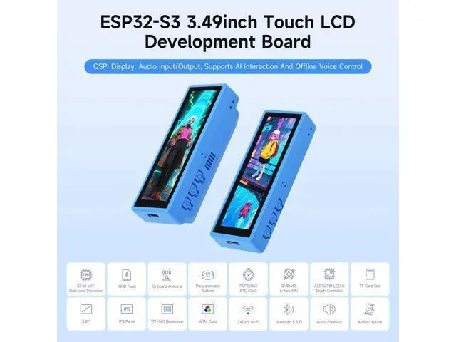 Alt view image 3 of 5 - Waveshare ESP32-S3 Development Board with 3.49inch IPS Touch Display, 172640, Dual-Core ESP32-S3R8 Processor, Type B Case for Outdoor Use, Battery Not Included