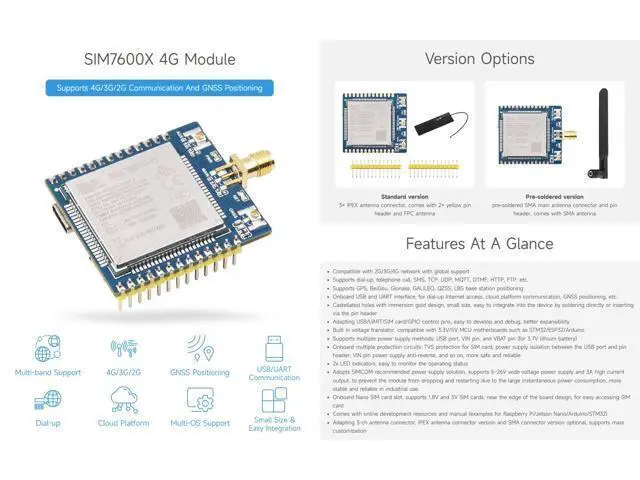 Alt view image 3 of 5 - Waveshare SIM7600G-H 4G Communication Module, Multi-Band Support, Compatible with 4G/3G/2G, with GNSS Positioning-Pre-soldered Version