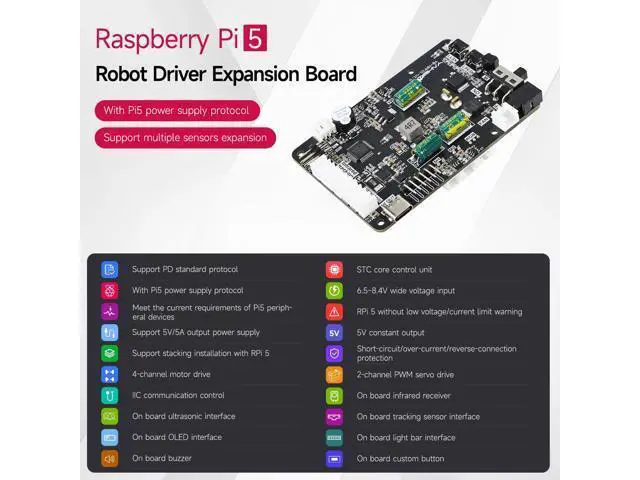 Alt view image 2 of 5 - Yahboom Raspberry Pi5 Robot Expansion Driver Board ROS Smart Car Supports 4WD Drive Servo Motor Sensor Compatible with RaspberryPi 5 PD Power Supply Protocol, I2C Communication