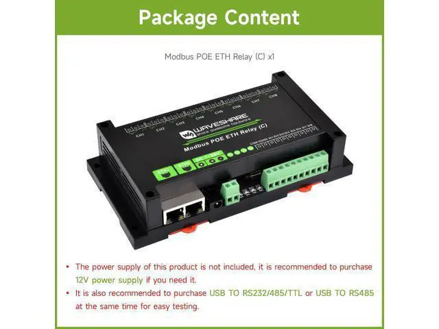 Alt view image 2 of 5 - Waveshare Dual Ethernet Ports 8-ch Relay Module (C), Modbus RTU Protocol, PoE Power Supply, with Various Isolation and Protection Circuits, Industrial Grade Rail-Mount Case