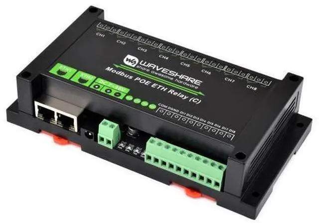 Main image of Waveshare Dual Ethernet Ports 8-ch Relay Module (C), Modbus RTU Protocol, PoE Power Supply, with Various Isolation and Protection Circuits, Industrial Grade Rail-Mount Case