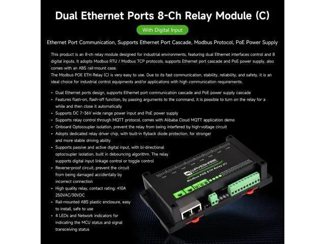 Alt view image 3 of 5 - Waveshare Dual Ethernet Ports 8-ch Relay Module (C), Modbus RTU Protocol, PoE Power Supply, with Various Isolation and Protection Circuits, Industrial Grade Rail-Mount Case