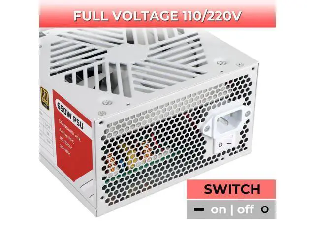 Alt view image 3 of 5 - Power Supply 650W Standard ATX PC PSU 80 Plus Gold Non Modular Full Voltage 110-240V Active PFC with 20+4Pin Motherboard Power Cable for Desktop Gaming Server White