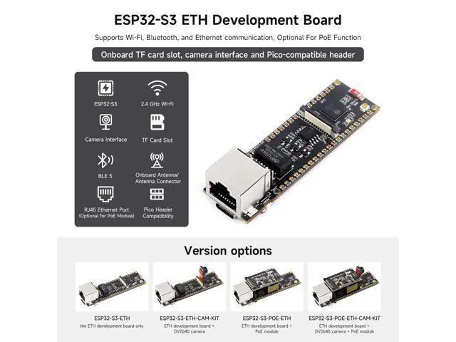 Alt view image 3 of 5 - Waveshare ESP32-S3 ETH Development Board Microcontroller, 10/100Mbps RJ45 Ethernet Port, W-F & BT Support, 240MHz Dual Core Processor, Onboard Type-C Port and TF Card Slot, OV2640 Camera+PoE Module