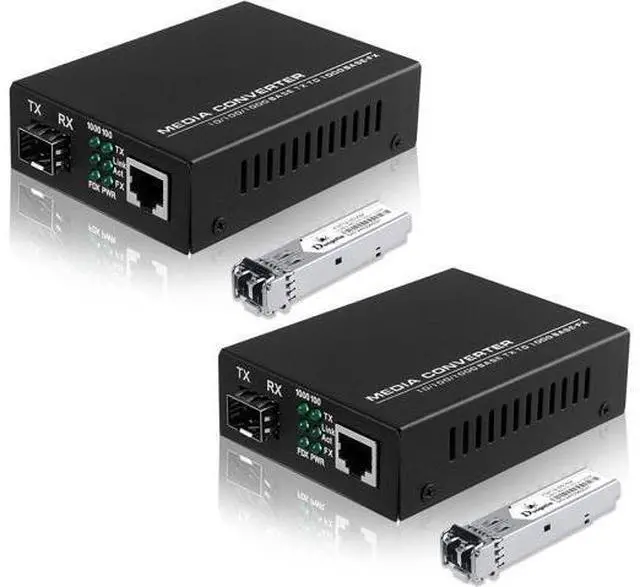 Main image of 2-Pack Fiber to Ethernet Media Converter with Gigabit Multi-Mode SFP LC Module, 1.25G SFP to 10/100/1000M RJ45, MMF, 850nm, up to 550m (1804 ft)