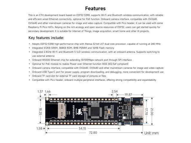 Alt view image 4 of 5 - Waveshare ESP32-S3 ETH Development Board Microcontroller, 10/100Mbps RJ45 Ethernet Port, W-F & BT Support, 240MHz Dual Core Processor, Onboard Type-C Port and TF Card Slot, OV2640 Camera+PoE Module