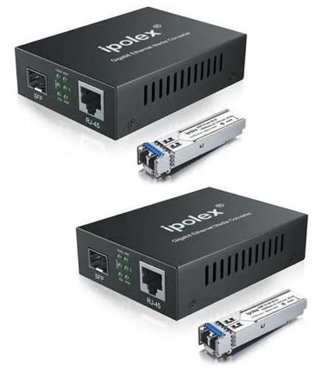 Main image of Ipolex Gigabit Single-Mode LC Fiber to Ethernet Media Converter (SFP LX Modules Included),1.25G Fiber Media Converter, 1000Base-LX to 10/100/1000Base-TX, 1310nm, SMF, Transmission up to 20KM, 2 Pack