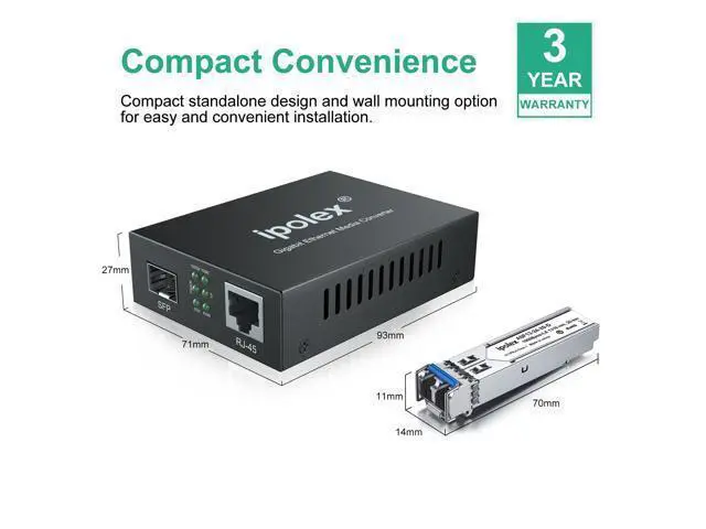 Alt view image 2 of 5 - Ipolex Gigabit Single-Mode LC Fiber to Ethernet Media Converter (SFP LX Modules Included),1.25G Fiber Media Converter, 1000Base-LX to 10/100/1000Base-TX, 1310nm, SMF, Transmission up to 20KM, 2 Pack