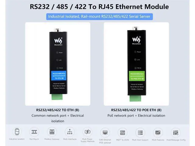 Alt view image 2 of 5 - RS232/RS422/RS485 to RJ45 Ethernet Module, TCP/IP to Serial, with POE Function, Bi-Directional Transparent Data Transmission Between RS232/485/422 and Ethernet, Rail-Mount Serial Server