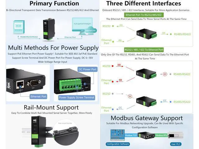 Alt view image 4 of 5 - RS232/RS422/RS485 to RJ45 Ethernet Module, TCP/IP to Serial, with POE Function, Bi-Directional Transparent Data Transmission Between RS232/485/422 and Ethernet, Rail-Mount Serial Server