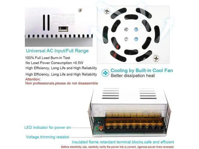Alt view image 4 of 7 - EAGWELL 24V 25A DC Universal Regulated Switching Power Supply 600W for LED Strip Lights Module,CCTV,Radio,Computer Project, 3D Printer,LED Driver