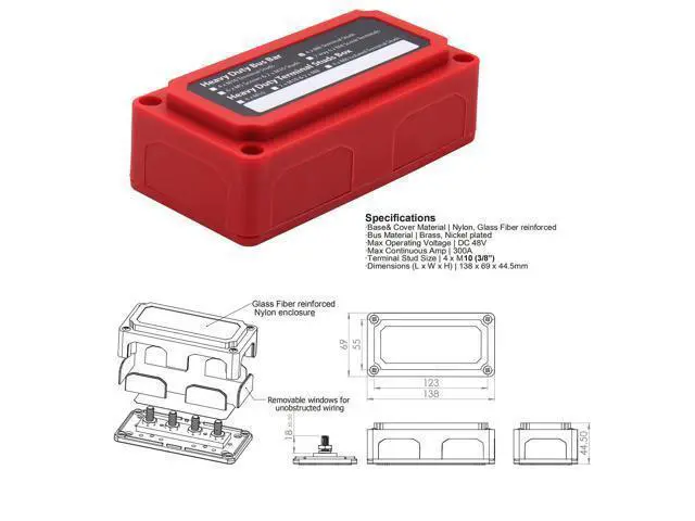 Alt view image 2 of 5 - Gloaso Busbar 12V-48V DC 300A, Heavy Duty Bus Bar with 4X 3/8"(M10) Posts Terminals Blocks, 300 Amp Battery Junction Block Module Powerbar for Car RV Solar Truck Boat Marine, Red& Black 2 Pack