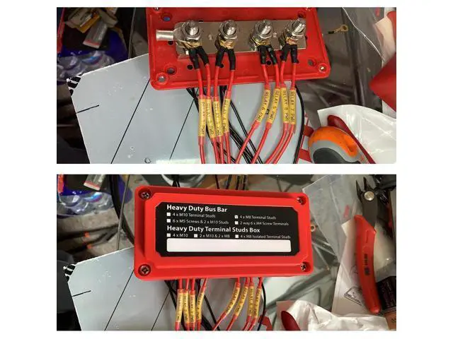 Alt view image 5 of 5 - Gloaso Busbar 12V-48V DC 300A, Heavy Duty Bus Bar with 4X 3/8"(M10) Posts Terminals Blocks, 300 Amp Battery Junction Block Module Powerbar for Car RV Solar Truck Boat Marine, Red& Black 2 Pack