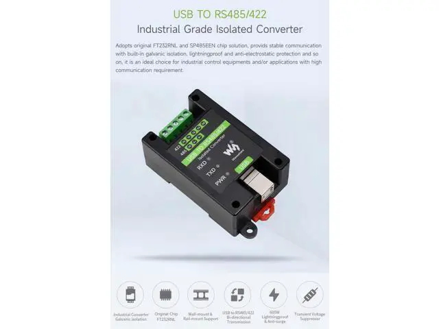 Alt view image 3 of 5 - Waveshare 2PCS USB to RS485/422 Industrial Grade Isolated Converter, Onboard Original FT232RL and SP485EEN, Multiple Protection, Wall-Mount and Rail-Mount Support